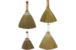 4Pcs Whisk Brooms, Handmade Natural Grass Soft Mini Broom with Rattan Wraped Handle & Lanyard for Indoor Outdoor Clean Whisk 