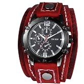 JewelryWe Wide Leather Cuff Watches: Mens Steampunk Round Quartz Hip Hop Leather Wristwatches for Father's Day