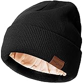 DRESHOW Womens Satin Lined Beanie Warm Winter Beanies Hat Silk Beanie Caps Cuffed Hat Soft Unisex Solid Skull Cap