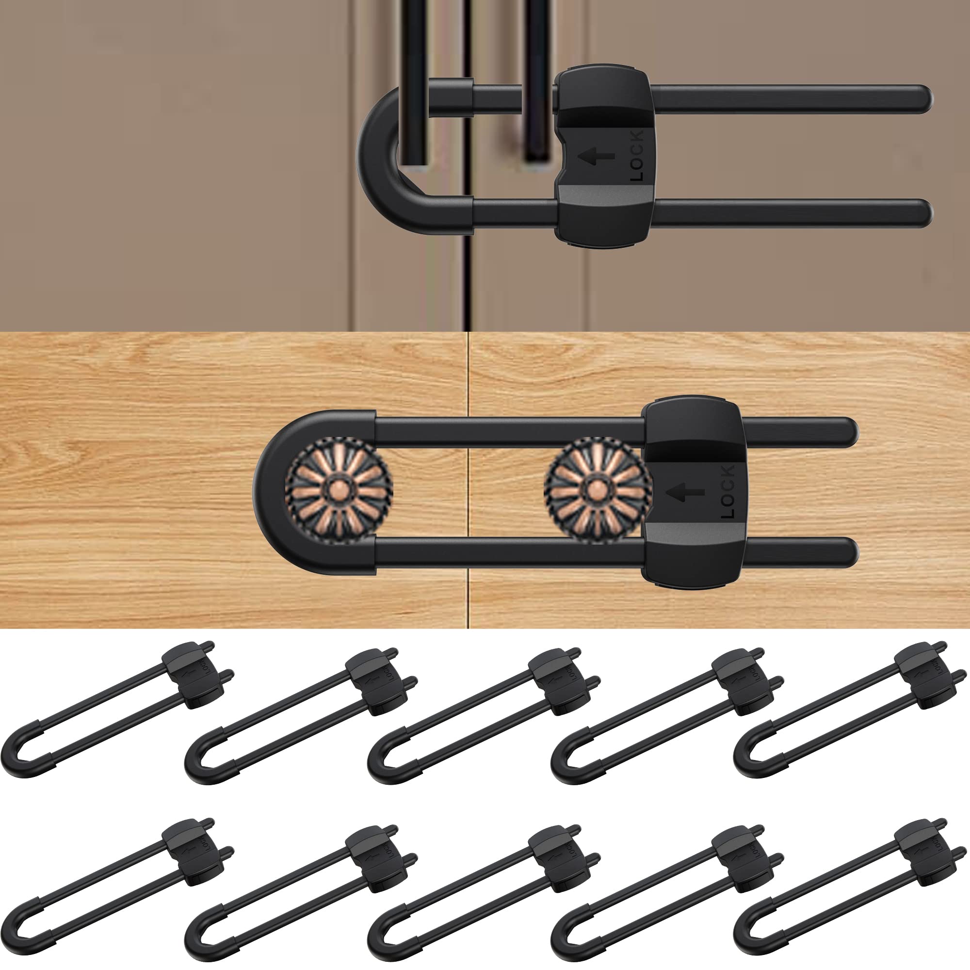 Photo 1 of (10 pack black) 4 button Cabinet Locks, U-Shaped Proofing Drawers Safety Child Locks Adjustable, for Wardrobe,Kitchen,Bathroom,Drawer,Fridge,Cupboard Doors Knobs & Handles