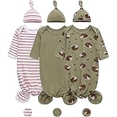 LAT Newborn Knotted Gown for Boy Girls,Baby Tie Gown Nightgown,Baby Sleeper with Matching Hat Set 3 Pack,Sleepwear Outfits