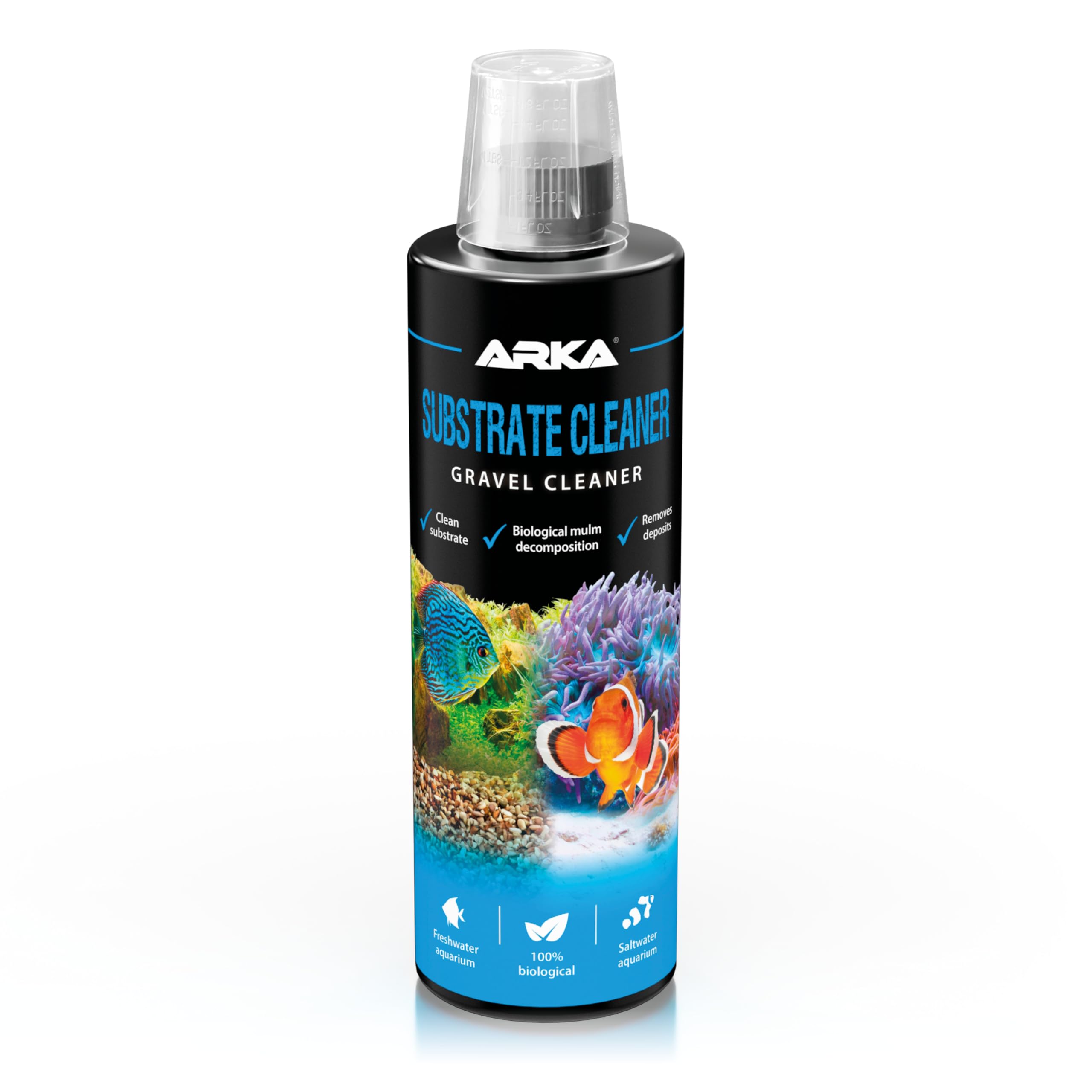 Aquarium substrate cleaner – ARKA Substrate Cleaner 473 ml – removes sludge & detritus from gravel & substrate – 100% biological with live bacteria – no siphon or hose – for freshwater & marine tanks