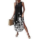 Zeagoo Women Floral Summer Casual Beach Printed Tank Dress with Pockets Pleated Front Long Dress