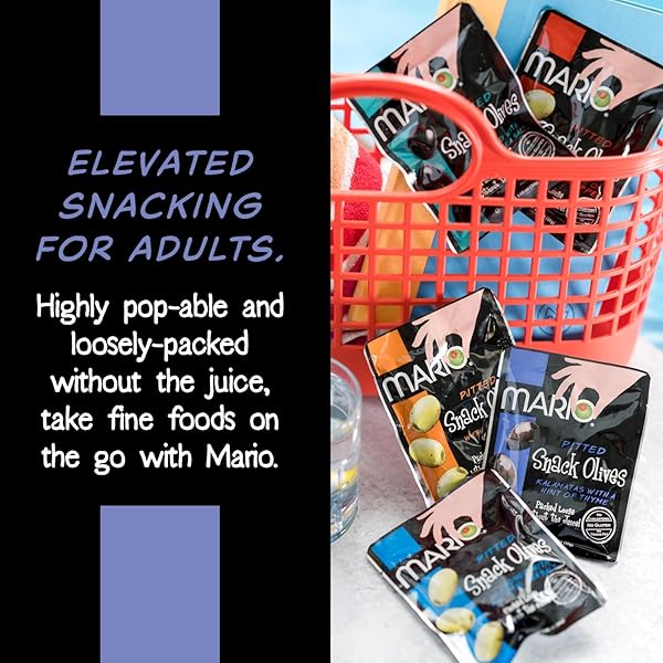 MARIO CAMACHO FOODS PITTED SNACK OLIVES – KALAMATA OLIVES WITH A HINT OF THYME – 1.05 OZ POUCHES (PACK OF 12)