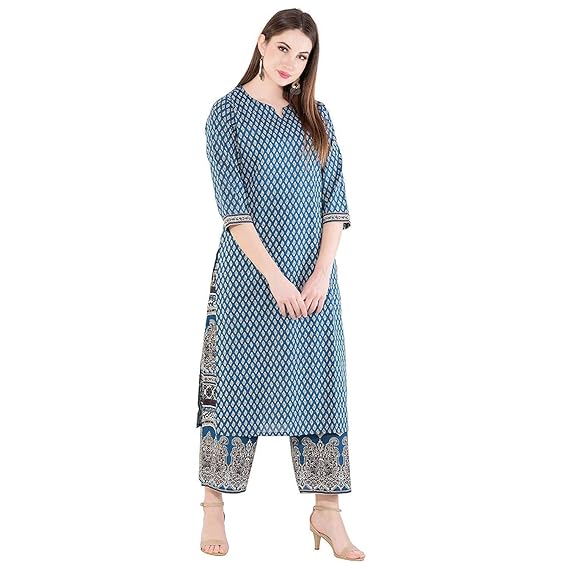 Womens Cotton Kurta with Palazzo - Printed, Calf Long, Straight Kurtas for Casual Wear