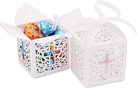 Amazon.com: Anteng cajas de regalo para bautizo con cintas, caja de regalo de corte láser para bautizo, cumpleaños, boda, decoración de bomboniere, 50 unidades, 2.0 x 2.0 x 3.0 in: Everything Else