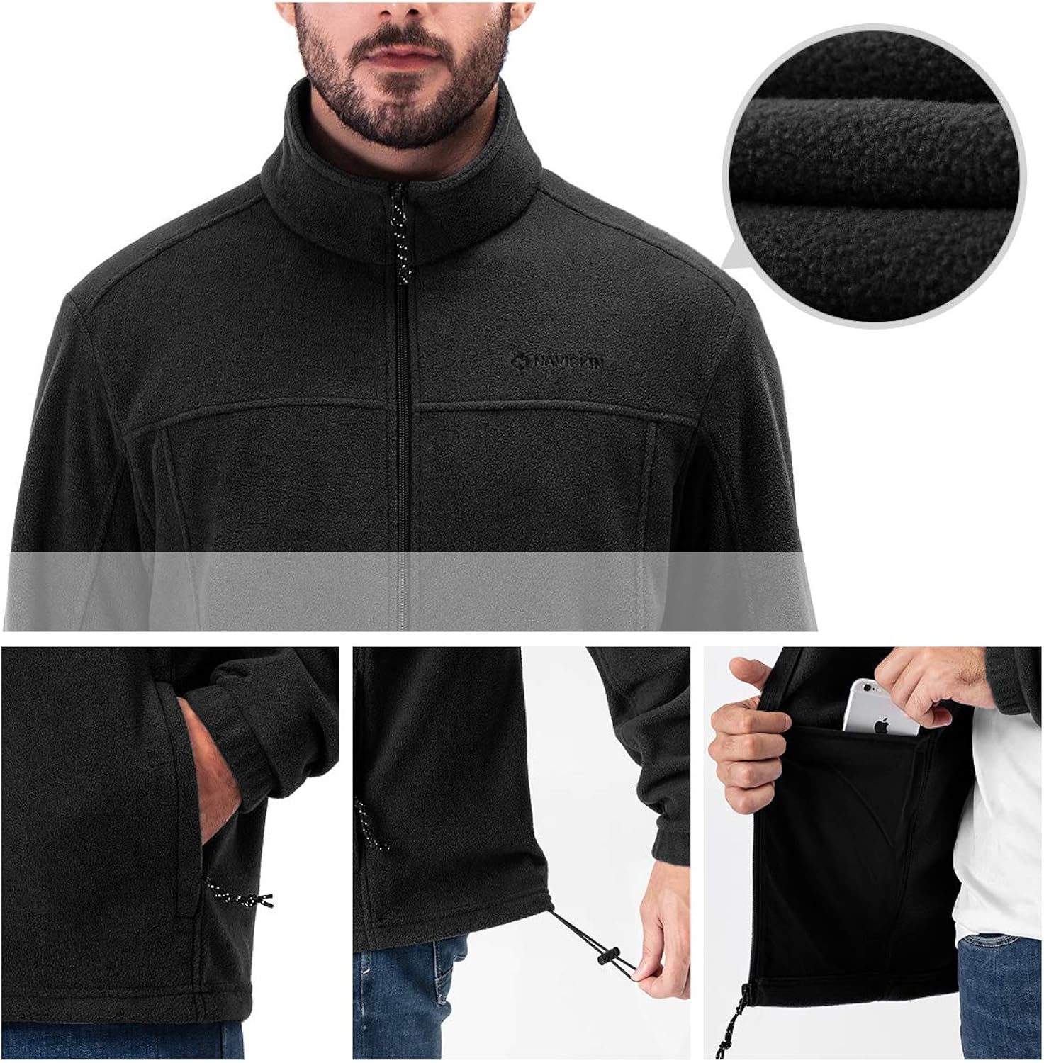 Naviskin Men's Full Zip Fleece Jacket Soft Light Outdoor Jacket: Clothing