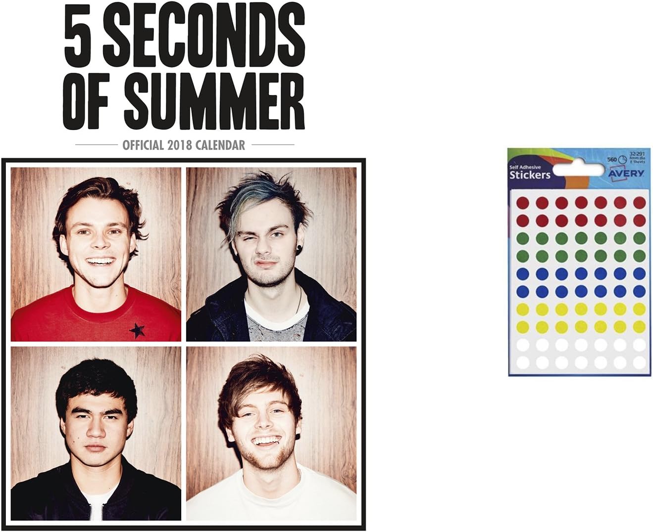 Bundle - 2 Items - 5 Seconds Of Summer 5SOS 2018 Official Wall Calendar - Closed Size : 30 x 30 cm (12 x 12 Inches) and a Sheet of 70 Multi Colour Self Adhesive Dot Stickers