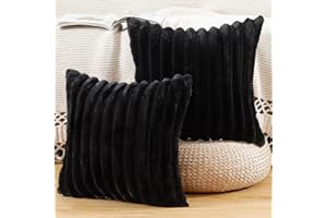 MADIZZ Set of 2 Faux Wool Plush Decorative Throw Pillow Covers 16x16 Inch Black Fluffy Striped Soft Decorative Cushion Cover 