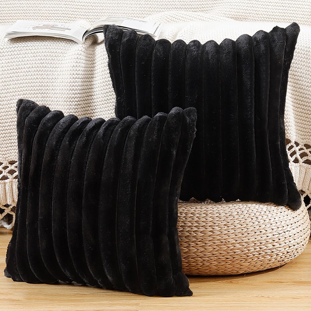 Madizz Set of 2 Faux Fur Decorative Cushion Covers 18x18 inch, 45x45 cm, Black Soft Couch Throw Pillows for Bed Modern Pillowcases for Sofa Livingroom Home Decor — image 1