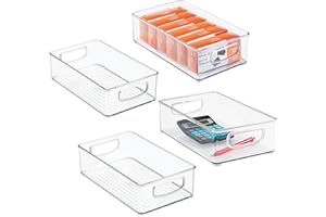mDesign Small Plastic Office Storage Container Bins w/Handles for Organization in Filing Cabinet, Closet Shelf, Desk Drawers, Organizer for Notes, Pens, Pencils - Ligne Collection, 4 Pack - Clear