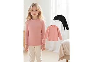 Girls Long Sleeve 3-Pack Mock Neck Solid Tops: Kids Ribbed Knit Casual Stylish Shirts for Fall Pink White Black