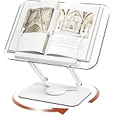 BYMECOST Acrylic Book Stand for Reading, Adjustable Book Holder with 360° Rotating Base & Elastic Page Clips, Foldable Deskto