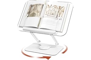 BYMECOST Acrylic Book Stand for Reading, Adjustable Book Holder with 360° Rotating Base & Elastic Page Clips, Foldable Desktop Riser Stand for Cookbook,Laptop,Tablet,Music Scores,Recipe,Textbook