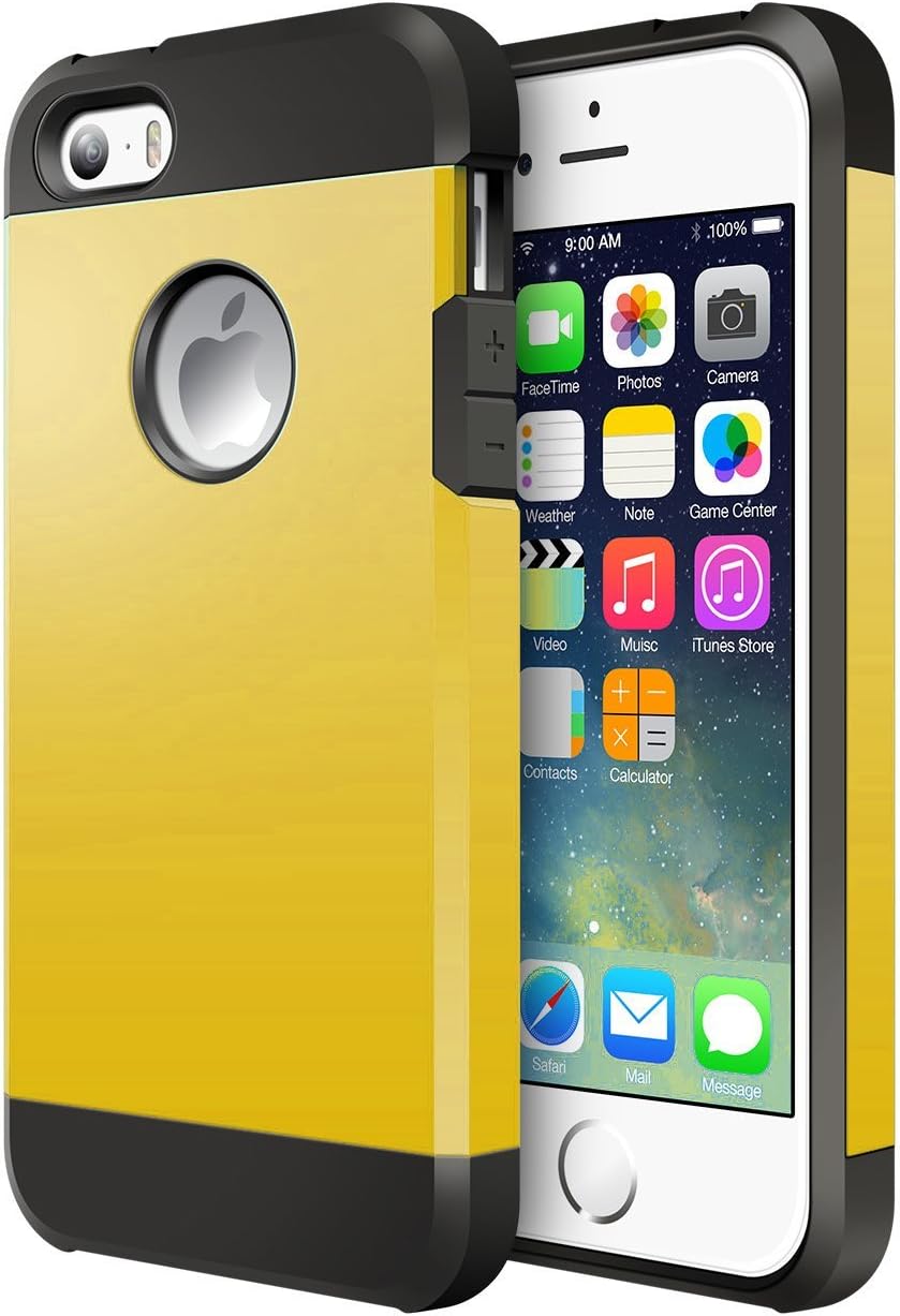 iPhone 5S Case, MiHua - | Hybrid Armor | Dual-Layer | Hard PC + Flexible TPU | Slim Shock-Proof Ultimate Protective Case TPU Bumper + [Scratch Resistant] for Apple iPhone SE/5S (Golden)