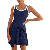IHOT 2026 Women's Casual Sleeveless Scoop Neck Tank Dress Ribbed Knit Front Tie Waist Vacation Mini Dresses