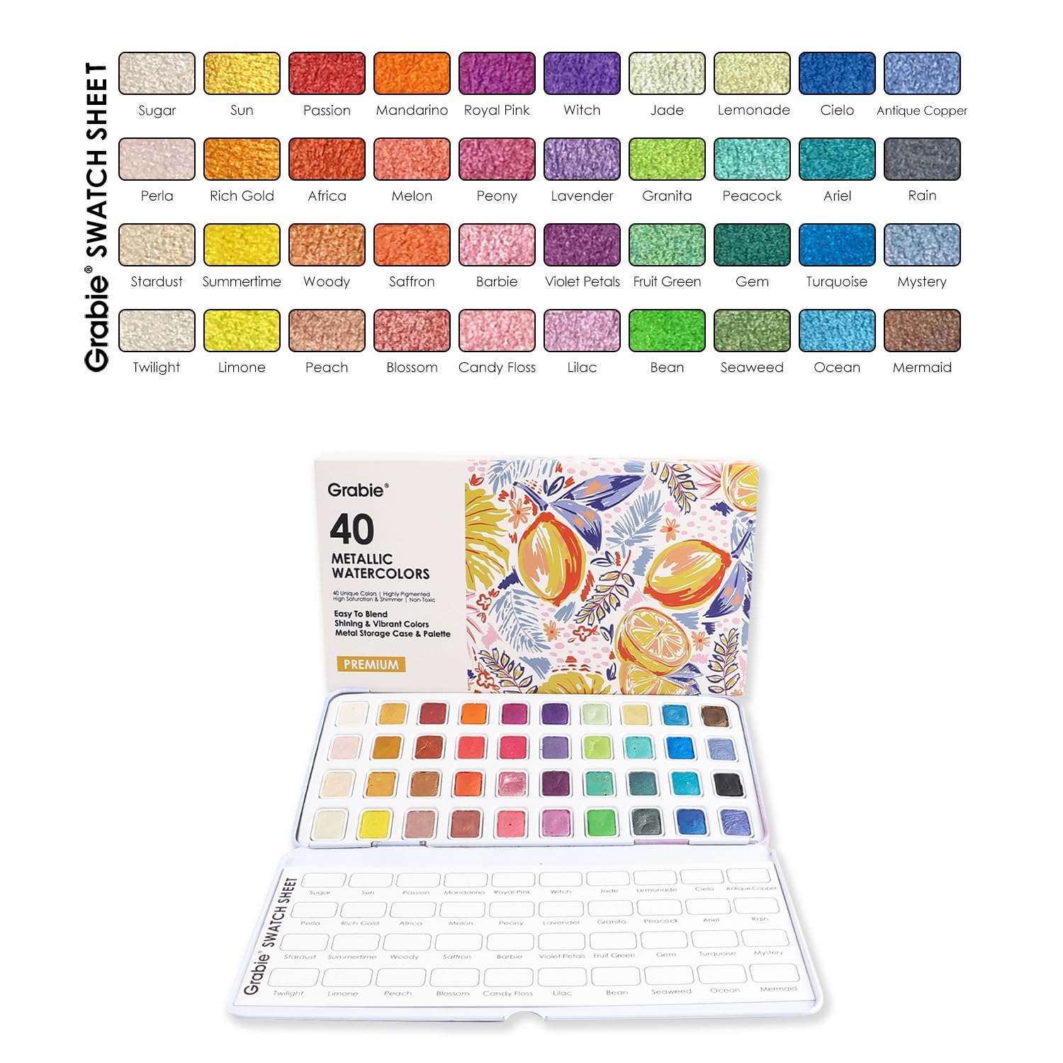 Grabie Metallic Watercolor Paint Set - 40 Rich Shimmering Powder, Versatile tin package, Art Supplies, Great Pairing of Painting Embellishments