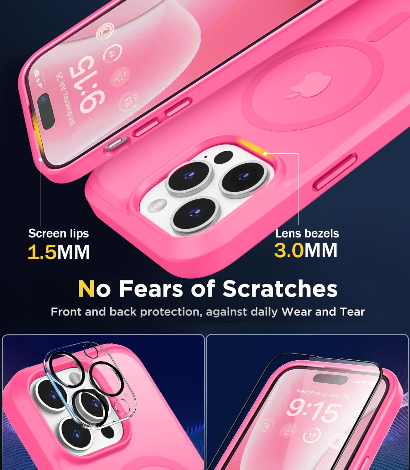 Ultra Strong Magnetic for iPhone 15 Pro Case, [Compatible with Magsafe] [Glass Screen + Camera Protector] Slim Translucent Matte Shockproof Case for iPhone 15 Pro Case 6.1 inch, Hot Pink