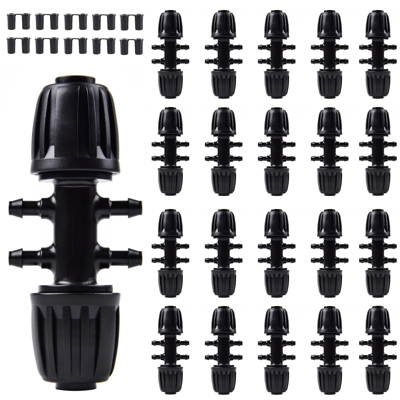 Kalolary 20PCS Barbed Tee 1/2" to 1/4" Drip Irrigation Fittings, Anti-Drop Barbed Hose Parts Connectors for 12mm/16mm to 4mm/7mm Drip Systems 6 Way Adapter（Black）