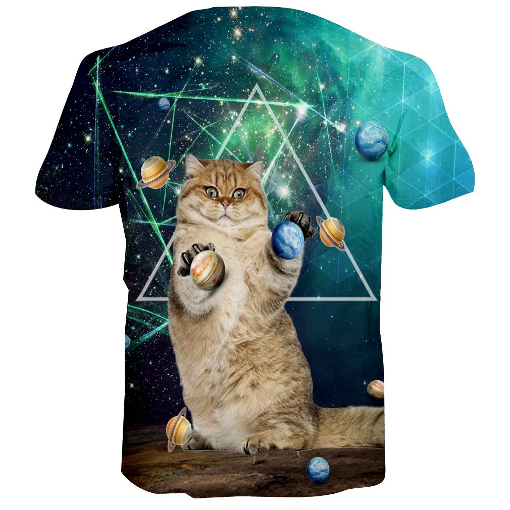 RAISEVERN Unisex 3D Printed Tops Tees Casual Short Sleeve T Shirts for Men Women S - XXL, Planet Cat, Medium