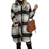 NIeyook Plaid Shacket Jacket Women Button Down Long Flannel Shirt Fall Oversized Jackets Casual Shaket Lapel Winter Coats
