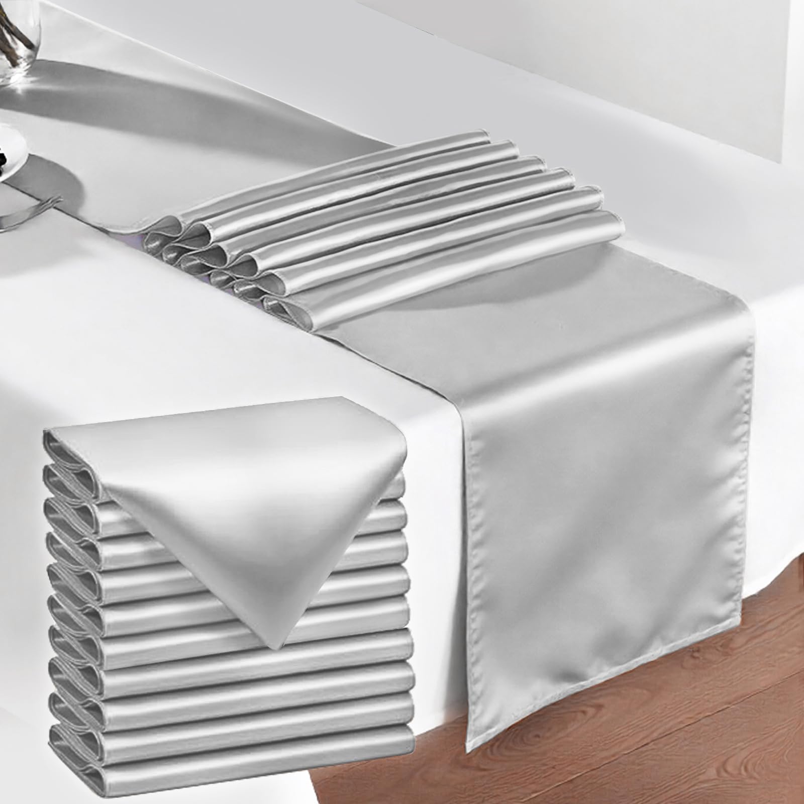 Photo 1 of 10 Pack Table Runner 12x108 Inch, Smooth Satin Silk Table Runner for Party Wedding Birthday Banquet Holiday Decoration, Silver