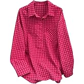 Verdusa Women's Gingham Plaid Button Down Blouse Long Sleeve Drop Shoulder Collared Shirts