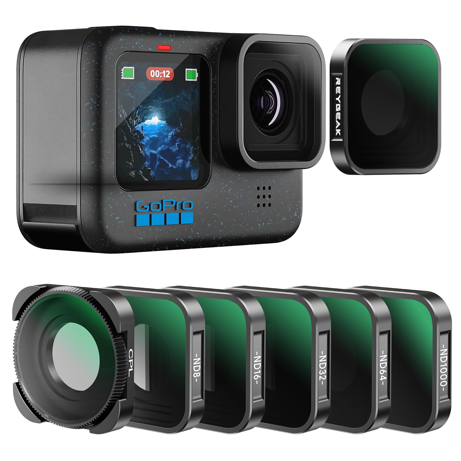 REYGEAK 6-Pack Lens Filter Set CPL ND8 ND16 ND32 ND64 ND1000 Compatible for GoPro Hero 12 11 10 9, Neutral Density and Polarizing Lens Filter Set for GoPro Accessories, Aluminum Alloy Frame