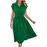 ECOWISH Womens Casual Midi Dresses Solid V Neck Short Sleeve Button Shirt Belted Dress with Pockets for Spring Summer 2026