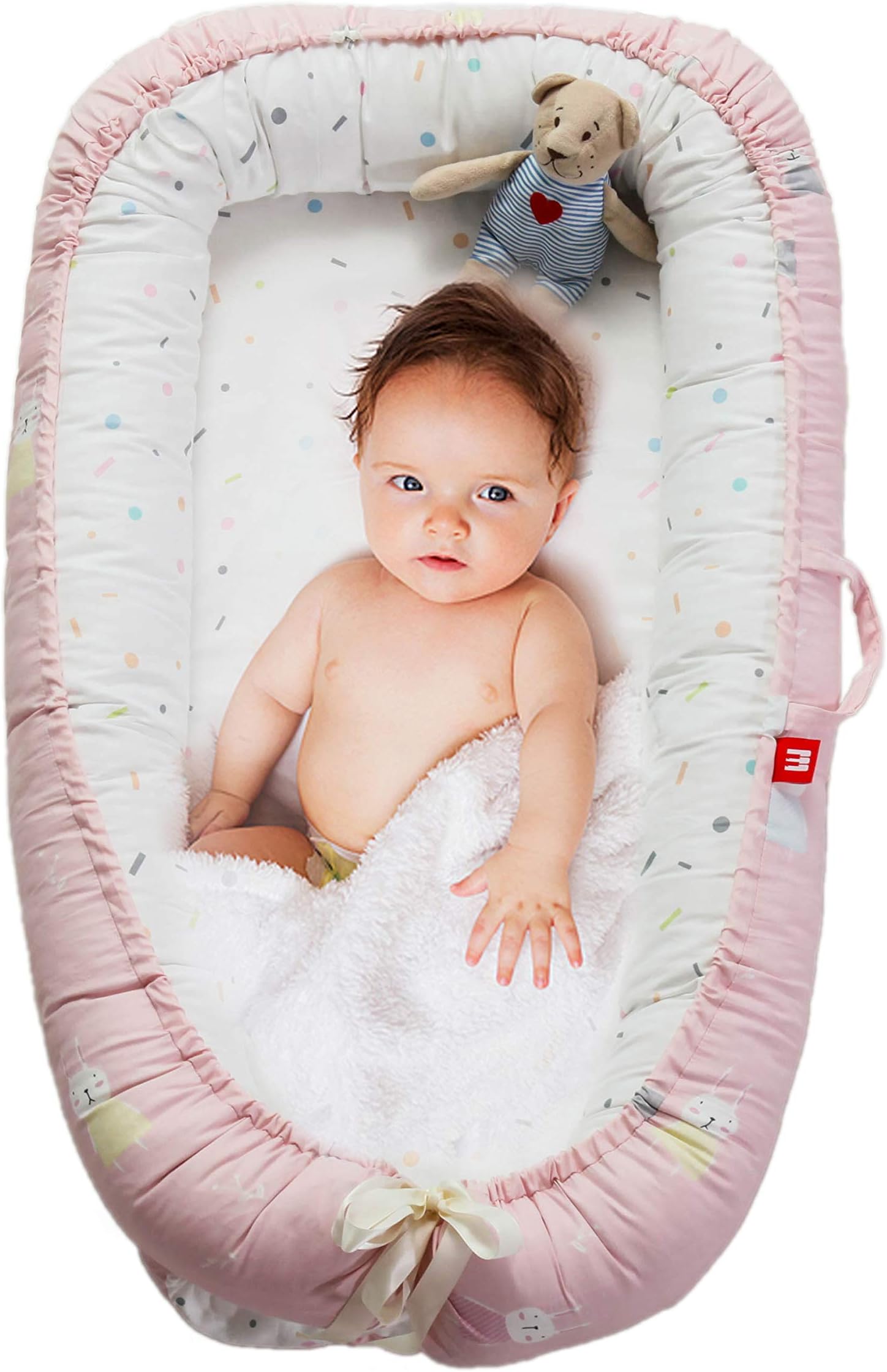 DOLDOA Baby Lounger for Newborn Protable Baby Nest 100% Cotton Baby Bassinet for Bed,Co-Sleep Nest Lounger Pillow for Baby Bedroom/Travel (Rabbit)