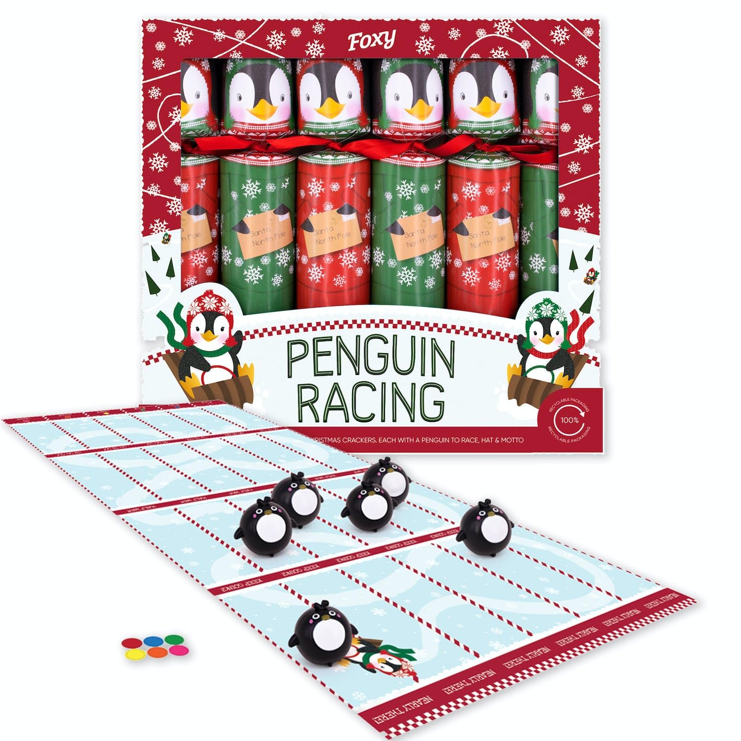Celebration Crackers Foxy Penguin Racing Game Eco Christmas Crackers - Tray of 6 x 12 inch - FSC Mix