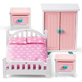 BABESIDE Mini Dollhouse Bedroom Furniture Set,7 PCS Pink Wooden Doll House Accessories for 3 Inch Dolls with Bed, Nightstands, Wardrobe, Pillows &amp; Mattress &ndash; Gift for Girls, Kids Miniature Room Toy