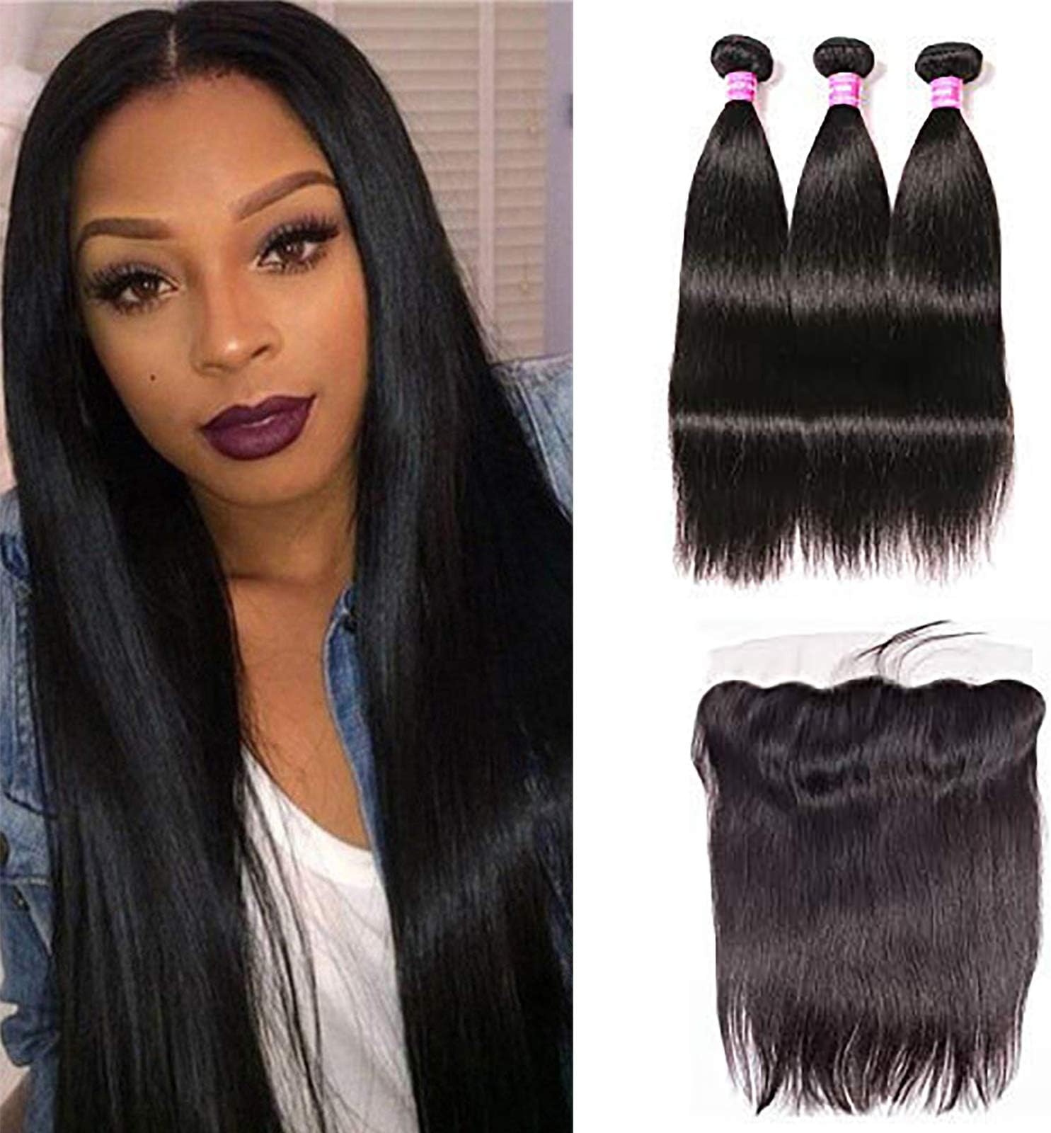 QinMei Straight Hair Bundles with Frontal Brazilian Straight Human Hair 3 Bundles with Ear to Ear Lace Frontal Unprocessed Virgin Hair Natural Black Color (14 16 18 +12 Frontal)