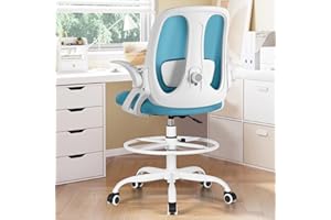 Razzor Drafting Chair Tall Ergonomic Office Chair with Adjustable Lumbar Support, Stand Stool High Office Desk with Footrest Ring, Executive Computer Chair with Flip Up Armrests - Blue