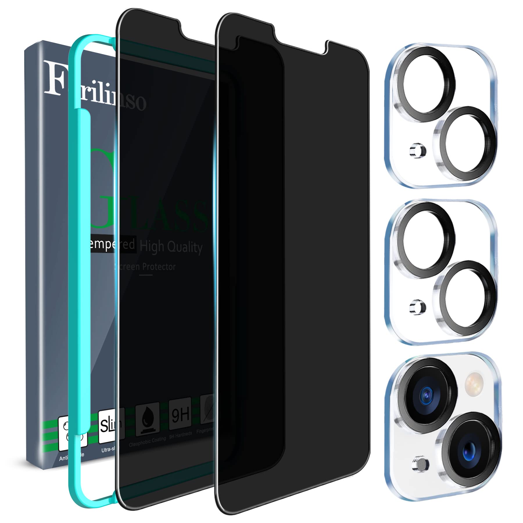 Ferilinso for iPhone 13/14 Privacy Screen Protector 2 Pack 9H Anti Spy Tempered Glass Privacy Screen with 2 Pack Camera Lens Protector Case Friendly Accessories