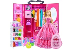 Ecore Fun Fashion Doll Closet Wardrobe for Doll Clothes and Accessories Storage - Lot 102 Items Include Clothes, Dresses, Shoes, Bags, Necklace, Shoes Rack, Hangers for 11.5 Inch Girl Doll Clothes