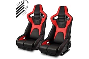ModifyStreet [Venom Series] Black+Red PVC/Carbon Fiber Reclinable Sport Racing Seats Pair W/Slider Left/Right