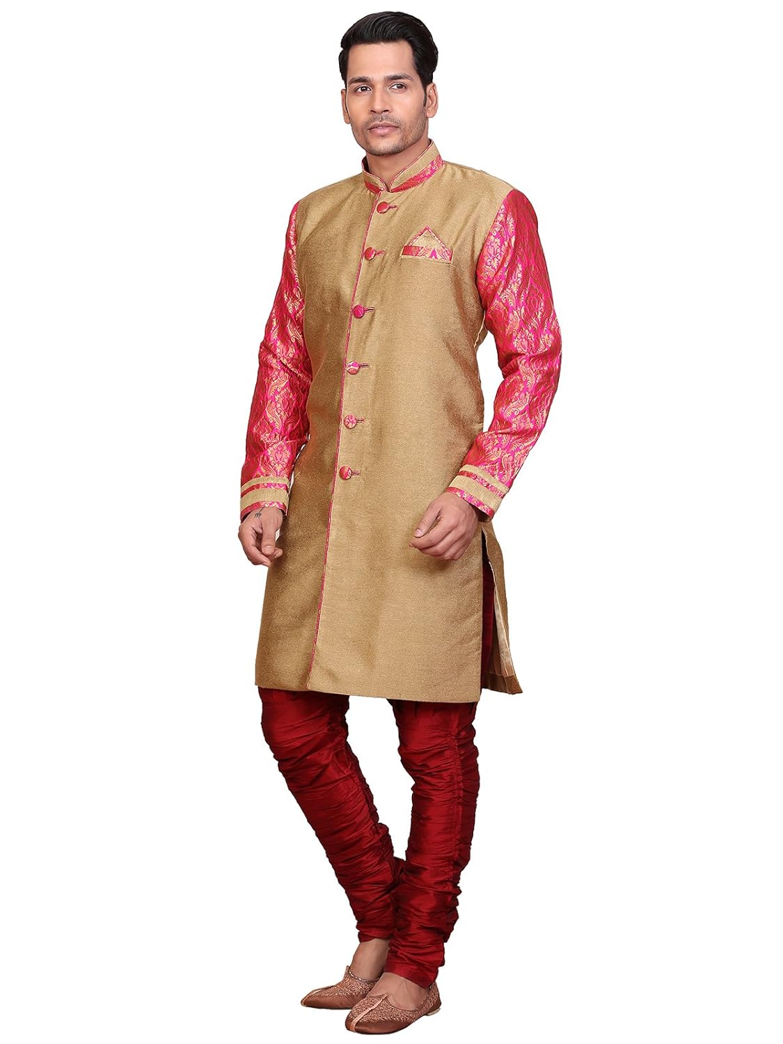 a.b.c. garmentsgolden sherwani with maroon printed sleeve for mens