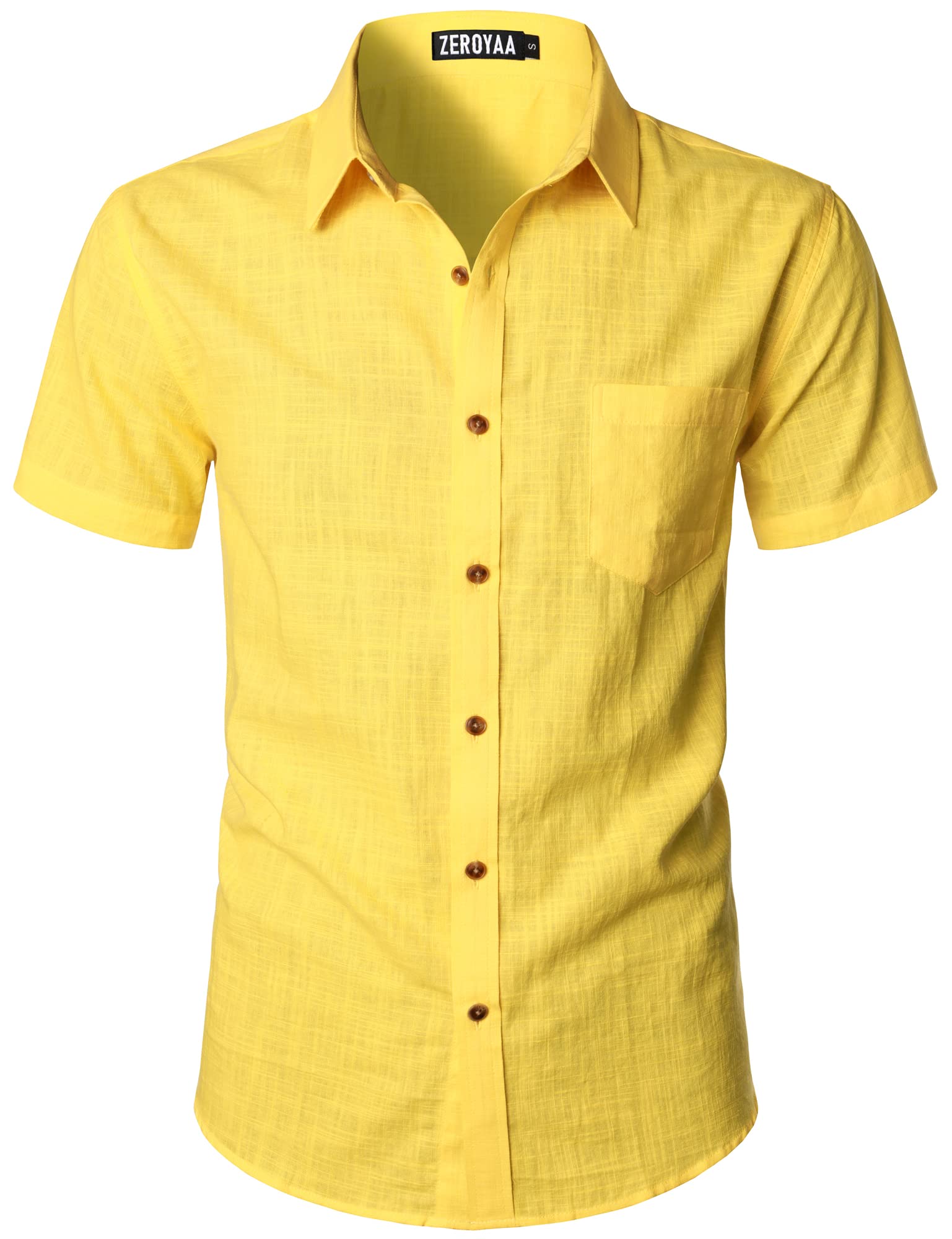 Photo 1 of ZEROYAA Men's Fitted Cotton Linen Casual Short Sleeve Button Up Shirts Lightweight Beach Tops with Pocket Brignt Yellow Small