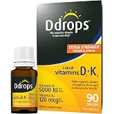 Ddrops Extra Strength 5000 IU Vitamin D3 + K2 90 Drops - Liquid Vitamin D3 &amp; K2 (MK7) Supplement. Supporting Strong Bones, Immune System and Cardiovascular Health.
