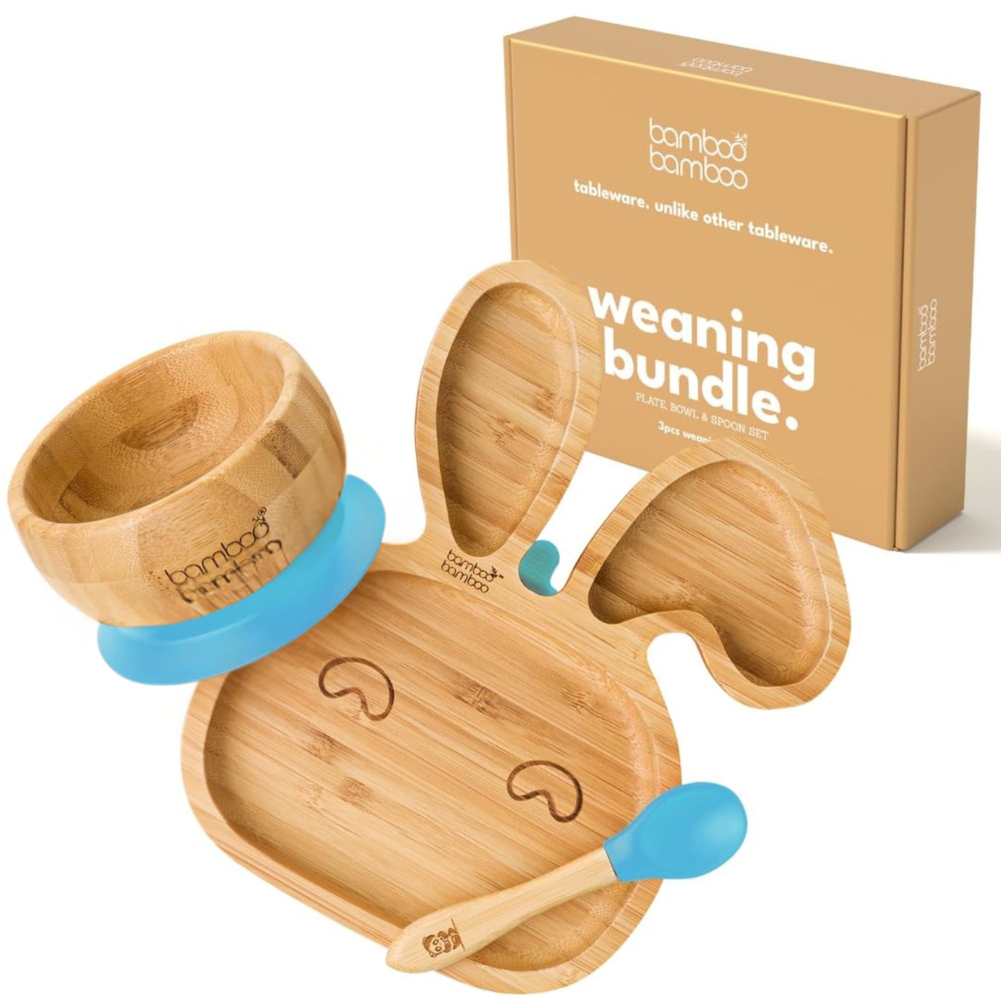 bamboo bamboo Baby Plate & Bowl Weaning Set for Feeding and Weaning, Bamboo Bunny Plate, Toddler Bowl & Baby Spoon with Secure Suction for Babies from 6 Months (Bunny, Blue)