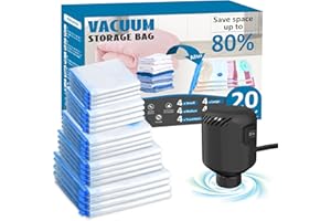 kissleaf 20 Pack Vacuum Seal Bags for Clothing with Electric Air Pump,Space Saver Vacuum Storage Bags for Clothes,Mattress, Blanket, Duvets, Pillows(4 Jumbo/4 Large/4 Medium/4 Small/4 Roll Up Bags)