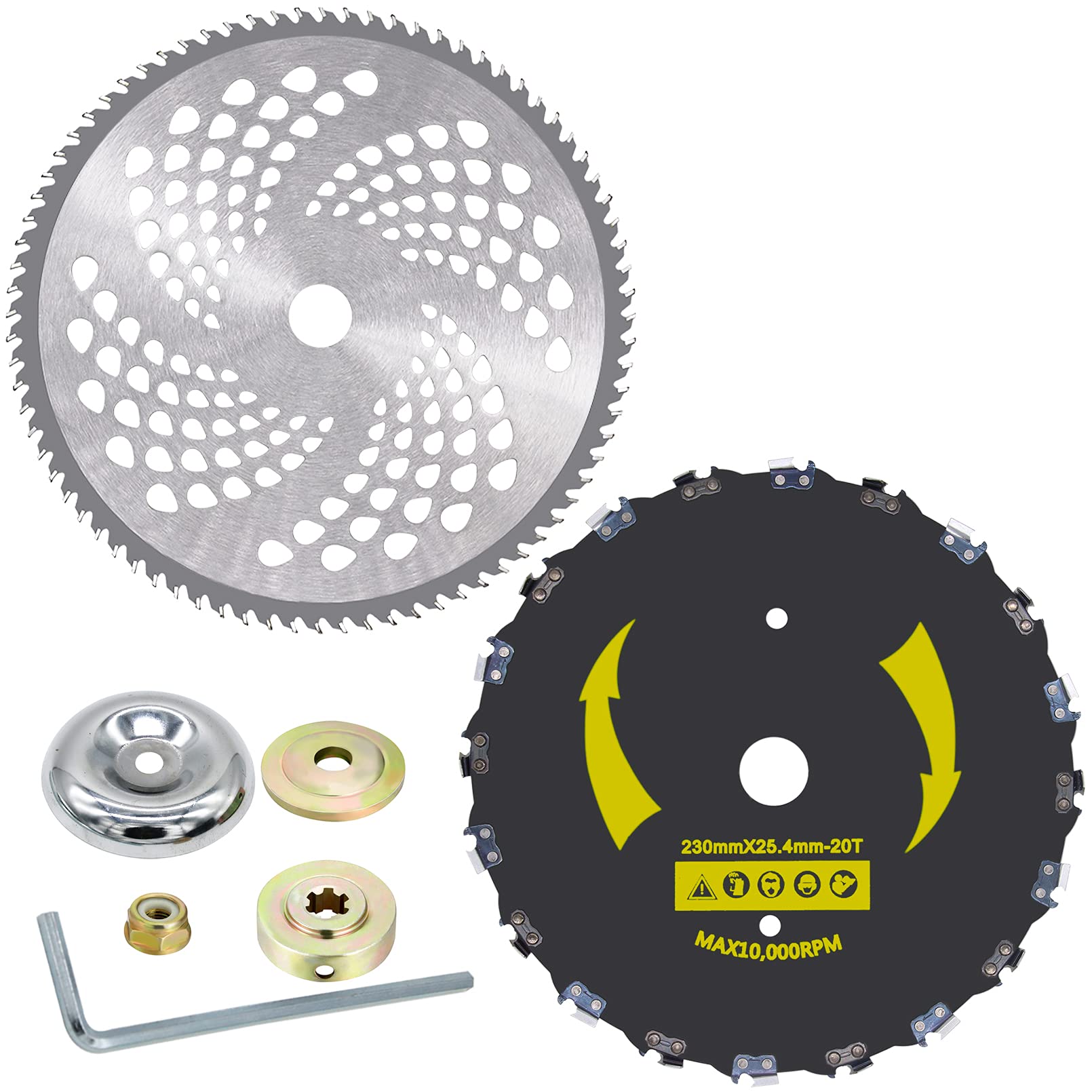 IRmm 9" x 20T Chainsaw Tooth Brush Blade & 10" x 80T Carbide Tip Brush Blade with Adapter for Cutter, Trimmer, Weed Eater (1" Arbor)