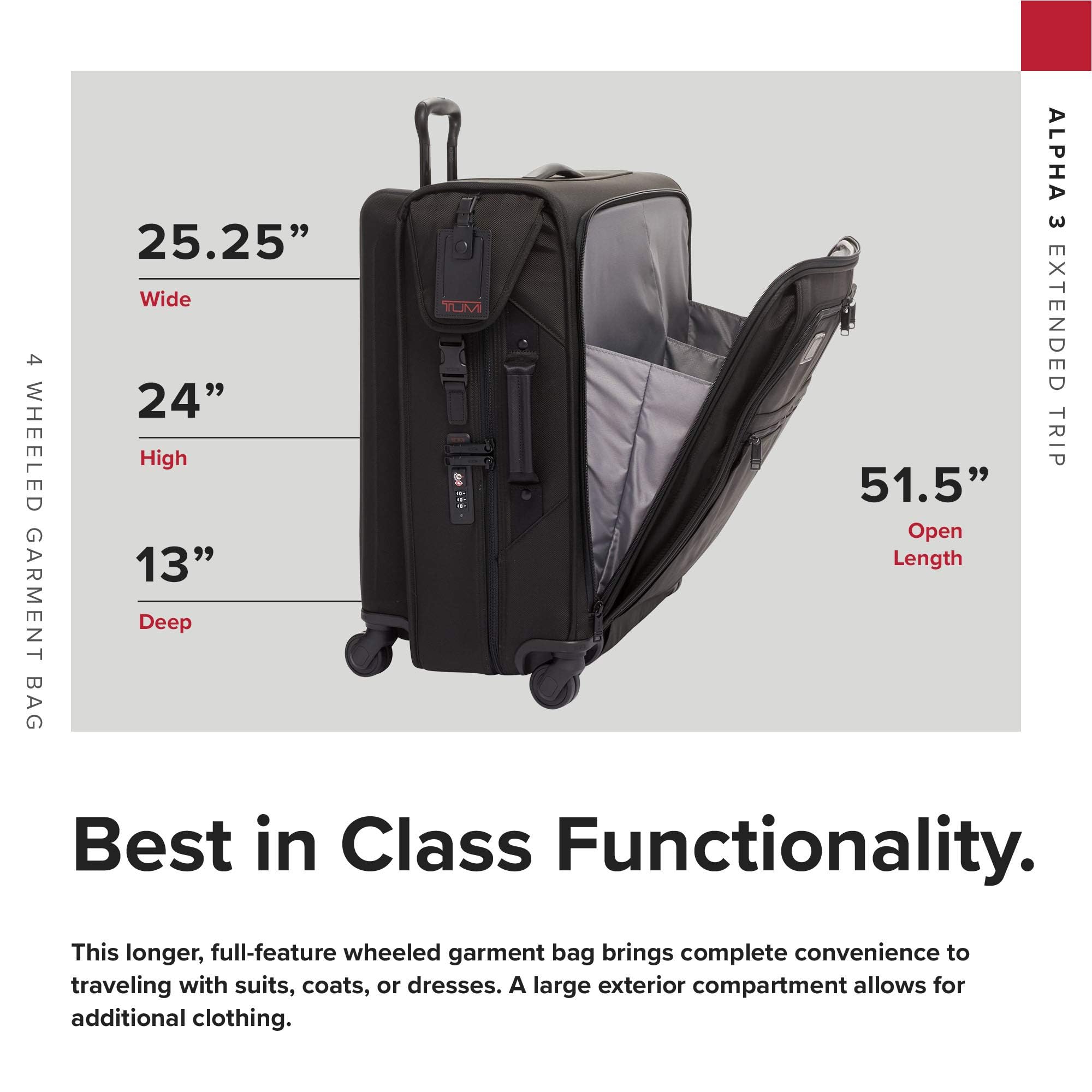 TUMI Alpha Extended Trip 4 Wheeled Garment Bag - 4-Wheeled Clothing Bag for Hanging Suits, Dresses & Coats - With TSA Lock - Black