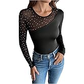 Milumia Women's Sequin Rhinestone Sheer Mesh Patchwork Round Neck Long Sleeve Slim T-Shirt Top