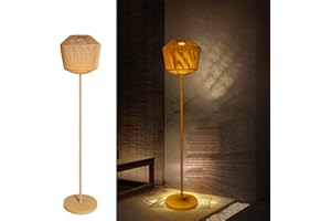 NOWSTO Outdoor Solar Floor Lamp, Large Natural Rattan Lantern with Metal Pole and Base, Waterproof Lamp for Patio Yard Garden