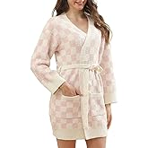 Talakeno Womens Checkered Robe Soft Plush Bathrobe Soft Luxury Spa Robe with Belt Pockets Long House Loungewear Coat