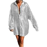 Womens Sequin Shirts Long Sleeve Sparkly Button Down Shirt Oversized Casual Glitter Lapel V Neck Cocktail Blouses