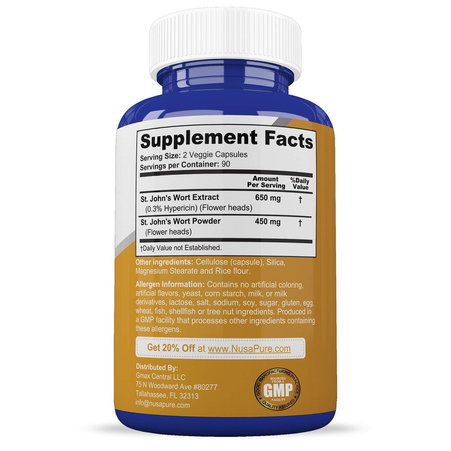 St. John's Wort 1100mg 180 Veggie Capsules (NonGMO & Gluten Free) 1950mcg Hypericin Saint Johns