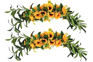 MINYULUA 2PCS Artificial Sunflower Swag Silk Handmade Swag Flowers 27.55 Inch Decorative Floral Swag with Greenery Leaves and Ribbon for Table Home Office Wedding Arch Party Decor,Yellow